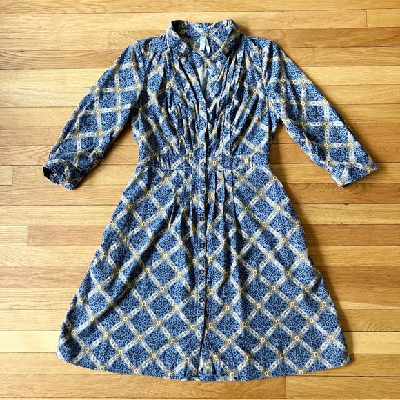 Maeve Dresses & Skirts - Anthropologie Maeve Grey Yellow Corduroy Collar Button Up Pleats Shirt Dress 6